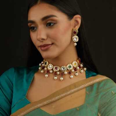 Gold Plated Ethnic Choker Necklace With Earrings