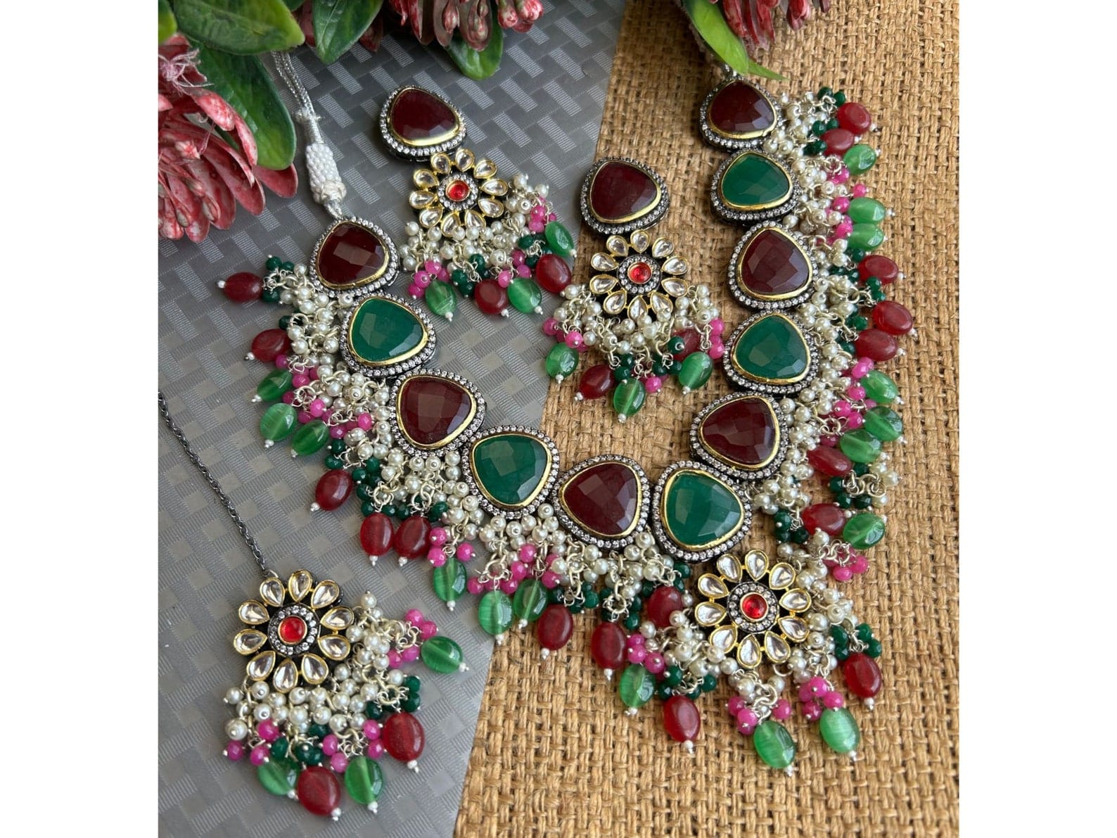 Gold Plated Beads Victorian Polish Necklace with Earrings - Image 5