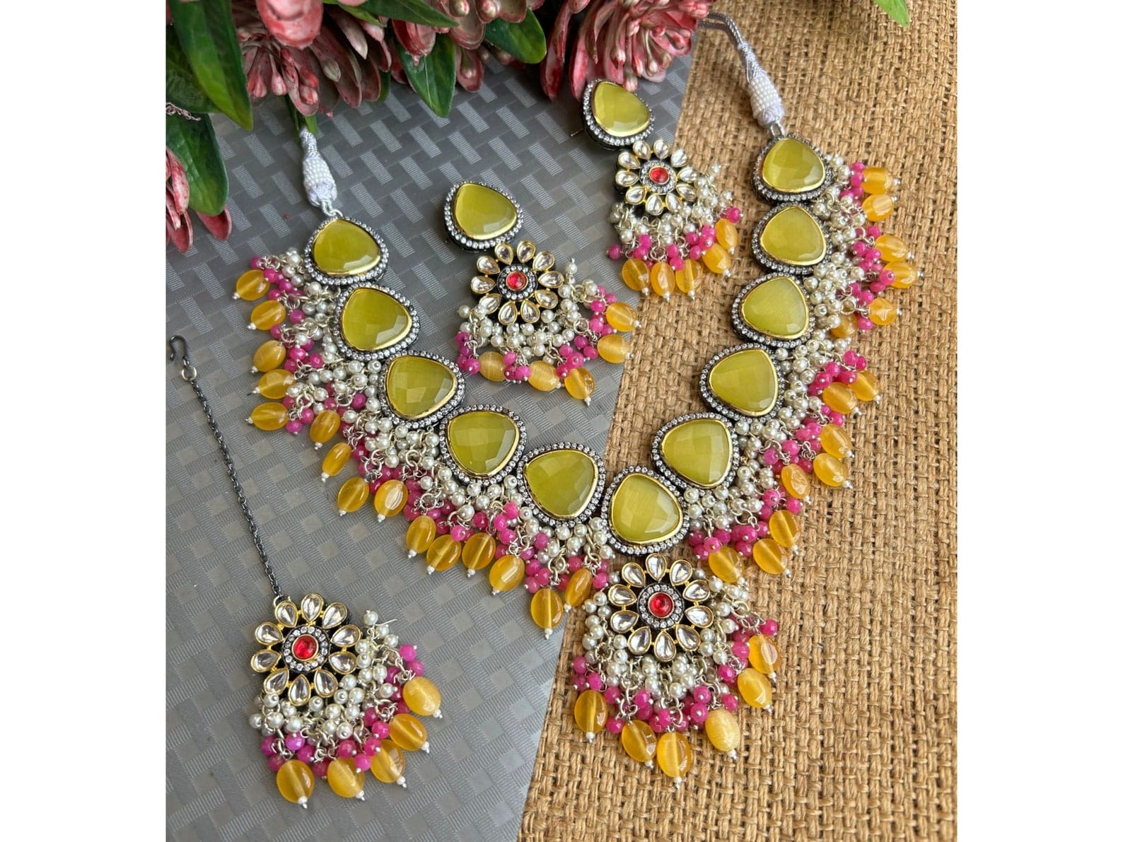 Gold Plated Beads Victorian Polish Necklace with Earrings
