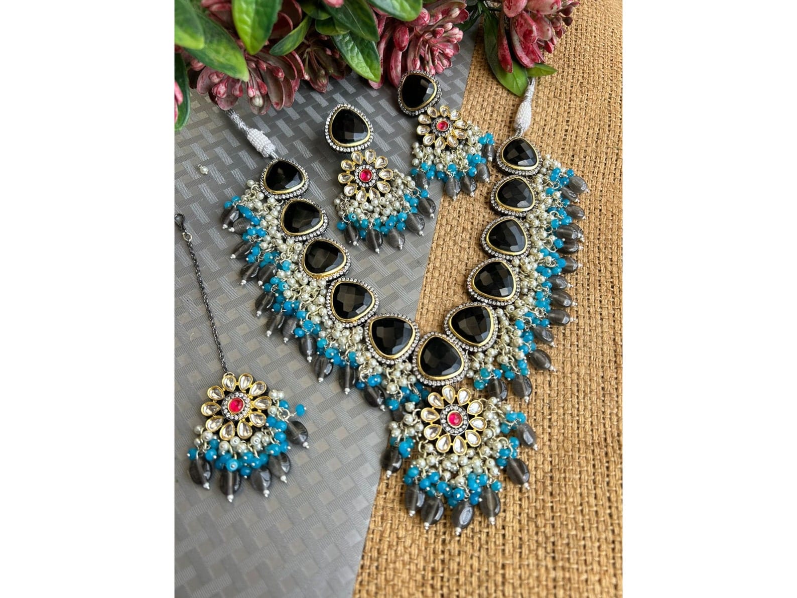 Gold Plated Beads Victorian Polish Necklace with Earrings - Image 2