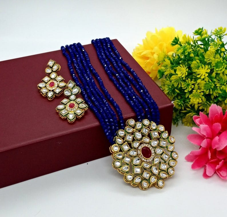 Long Kundan Polki Necklace With Earring - Image 2