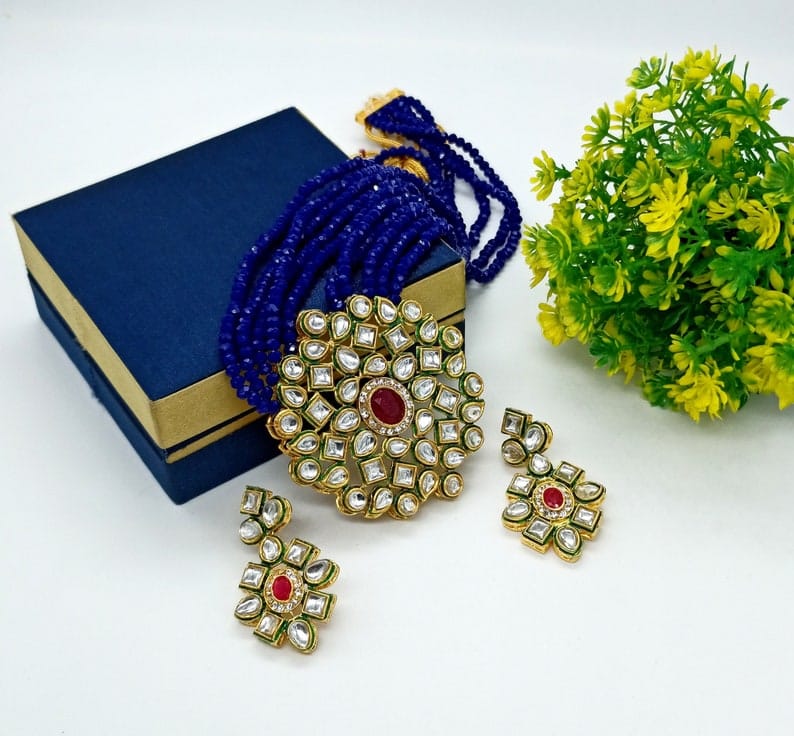 Long Kundan Polki Necklace With Earring - Image 3