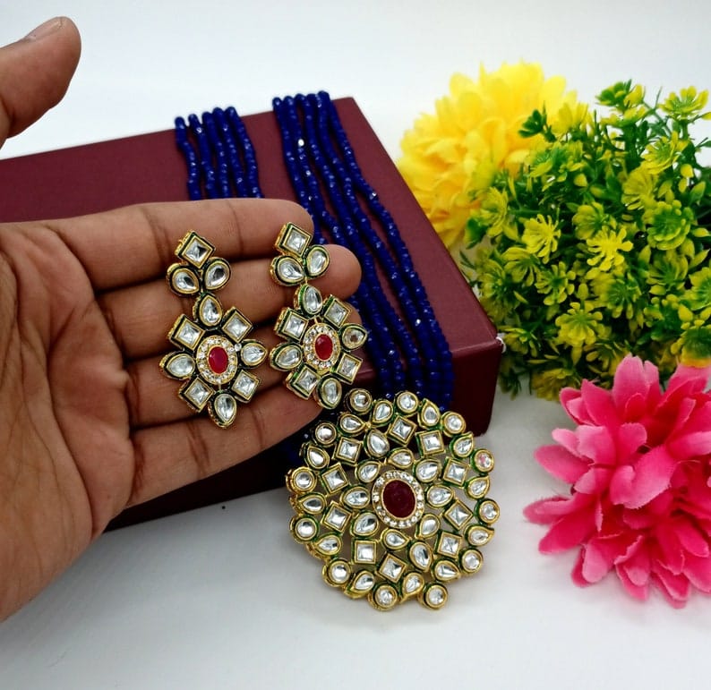 Long Kundan Polki Necklace With Earring - Image 5