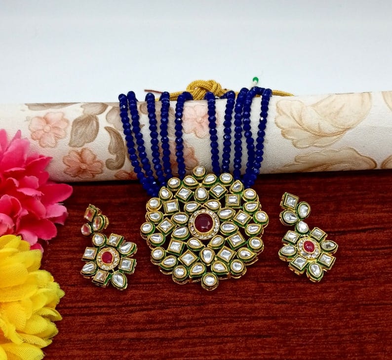 Long Kundan Polki Necklace With Earring - Image 4