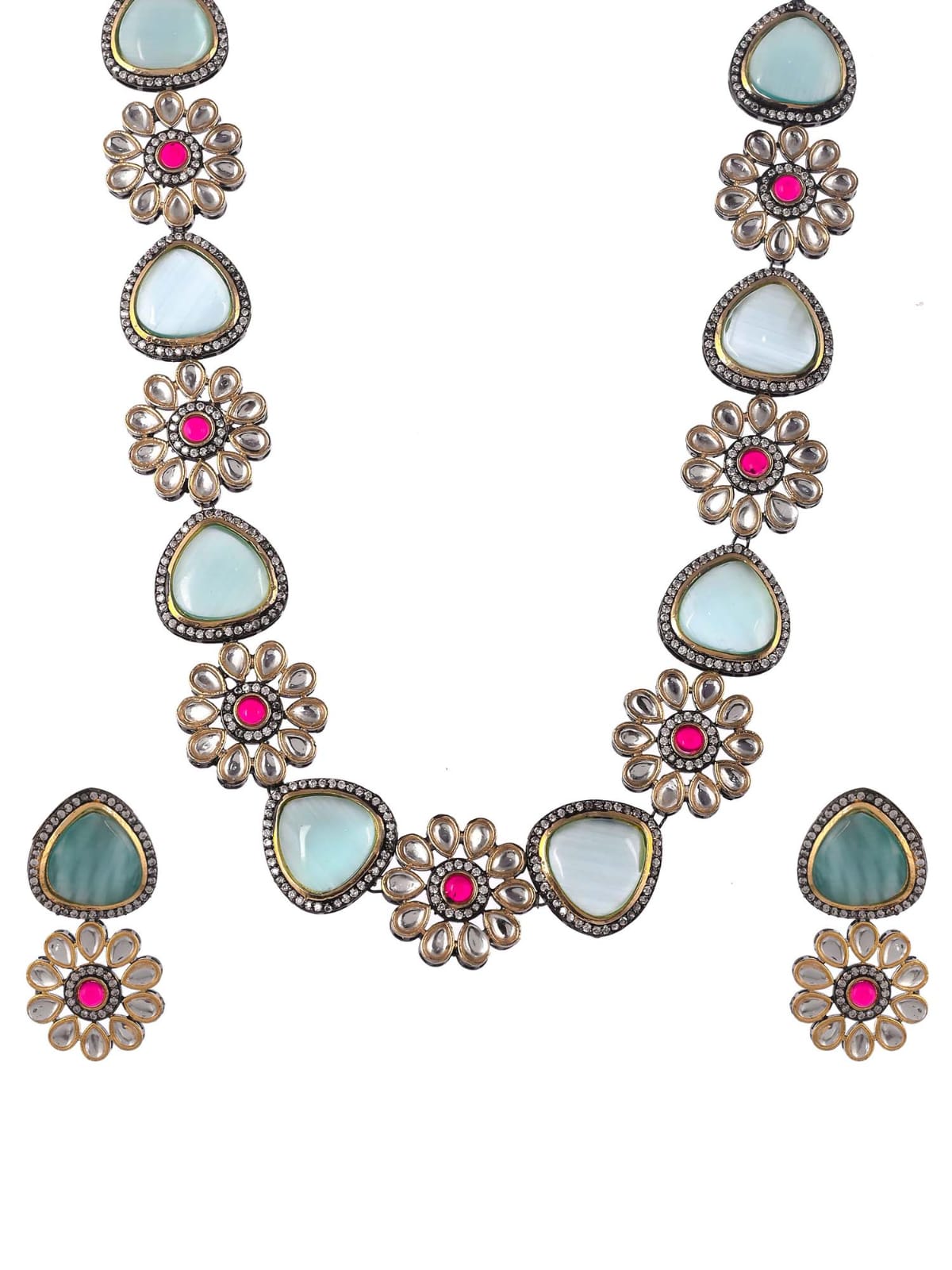 Gold Plated Blue & White Kundan Jewellery Set - Image 4