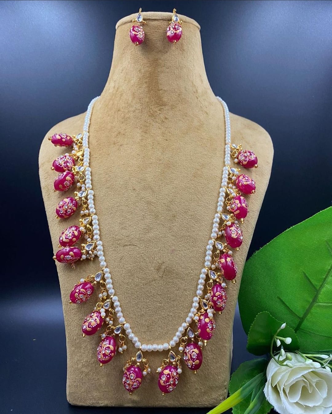 Long Pearl Haar Crystal Gold Plated Bridal Jewelry Necklace Set - Image 2