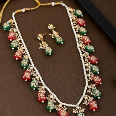 Gold Plated Green & Red Kundan Studded & Beaded Jewellery Set