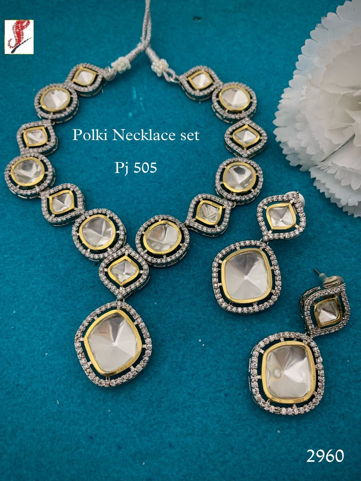 Silver Finish Kundan Polki Necklace Set - Image 3