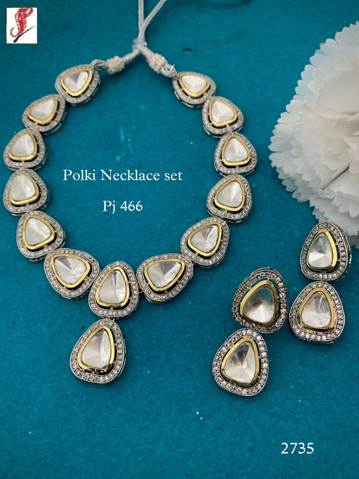 Silver Finish Kundan Polki Necklace Set - Image 4
