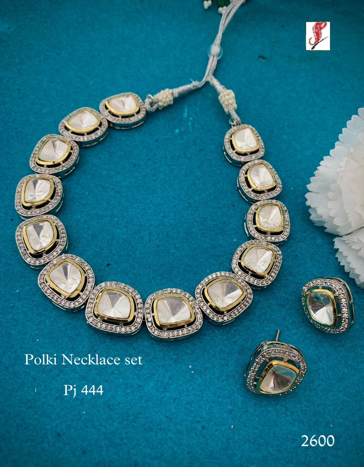 Silver Finish Kundan Polki Necklace Set - Image 5