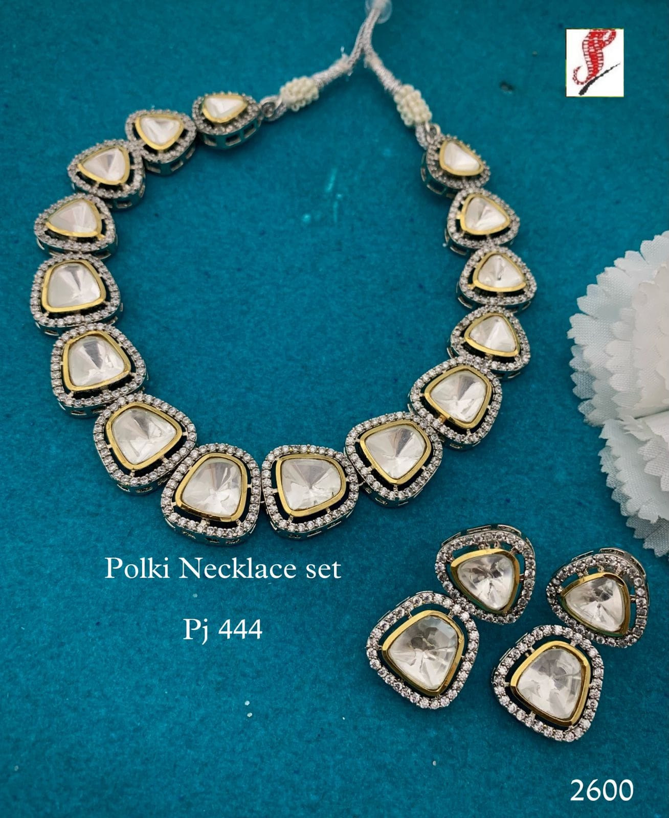 Silver Finish Kundan Polki Necklace Set - Image 6