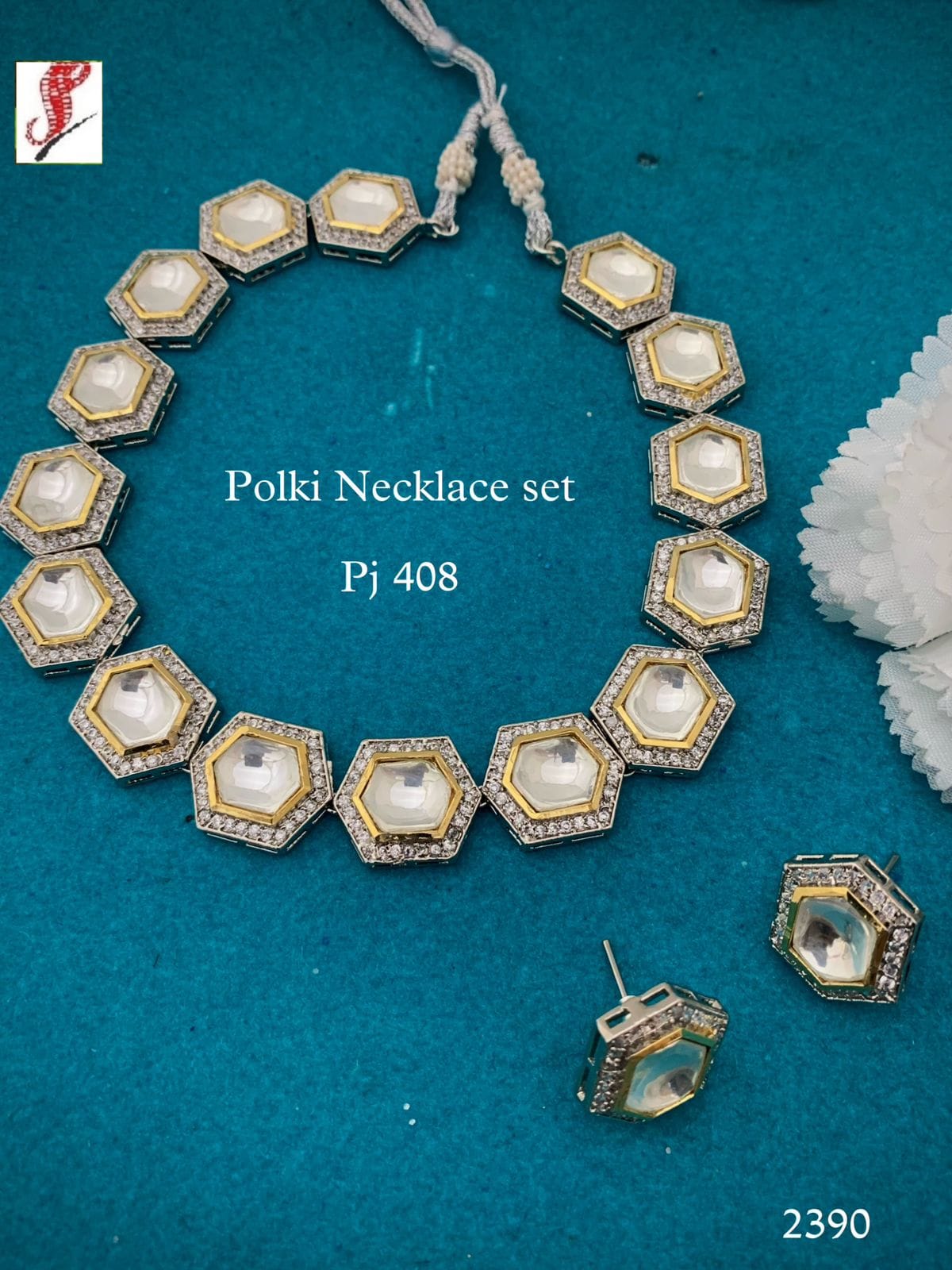 Silver Finish Kundan Polki Necklace Set - Image 8
