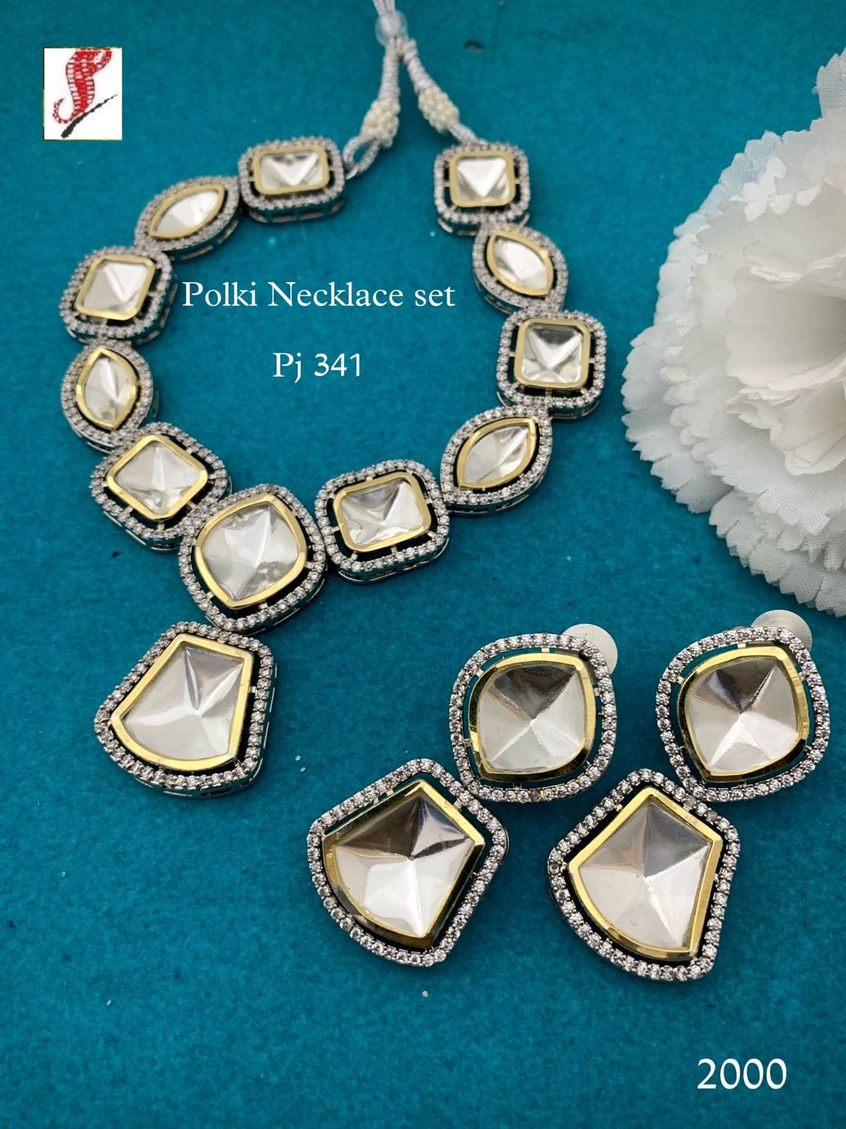 Silver Finish Kundan Polki Necklace Set - Image 7