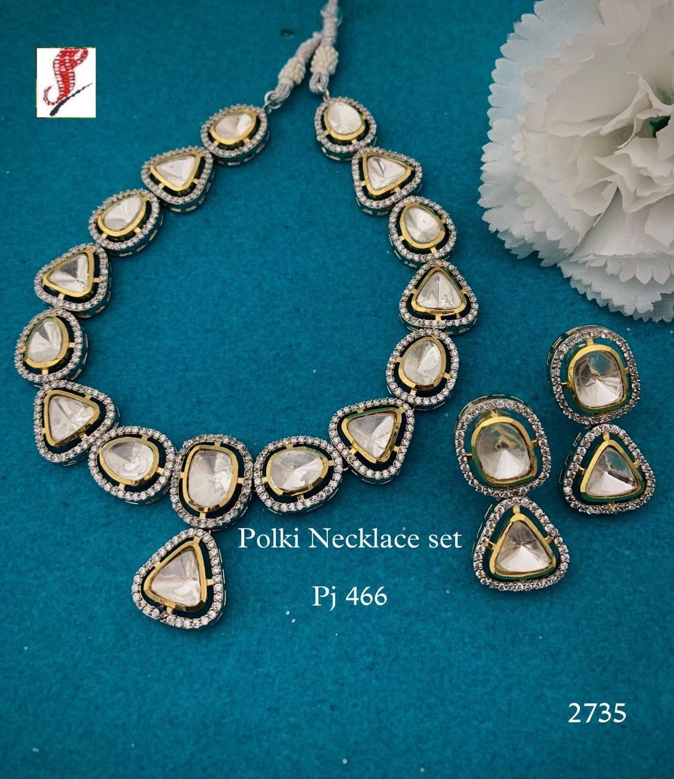 Silver Finish Kundan Polki Necklace Set - Image 9