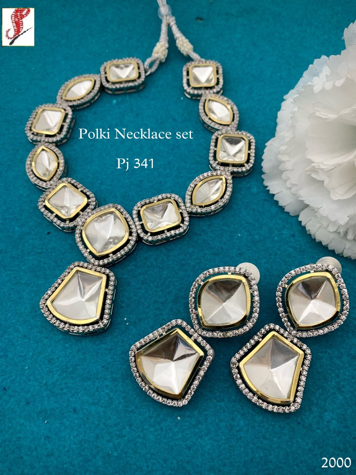 Silver Finish Kundan Polki Necklace Set - Image 11