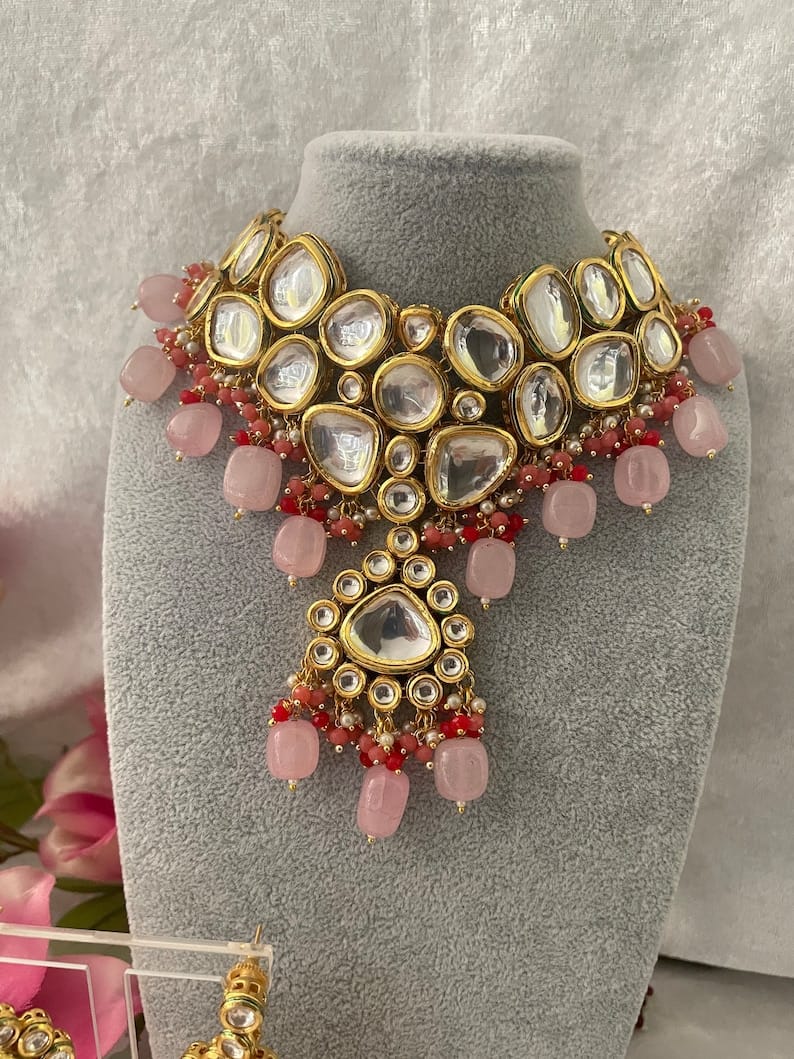 Gold Plated Bridal Kundan Polki Choker Necklace Set - Image 5