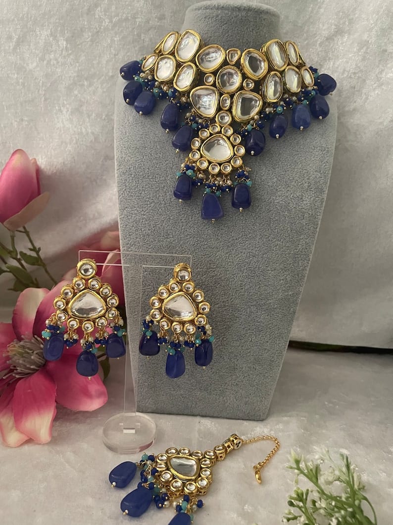 Gold Plated Bridal Kundan Polki Choker Necklace Set - Image 10