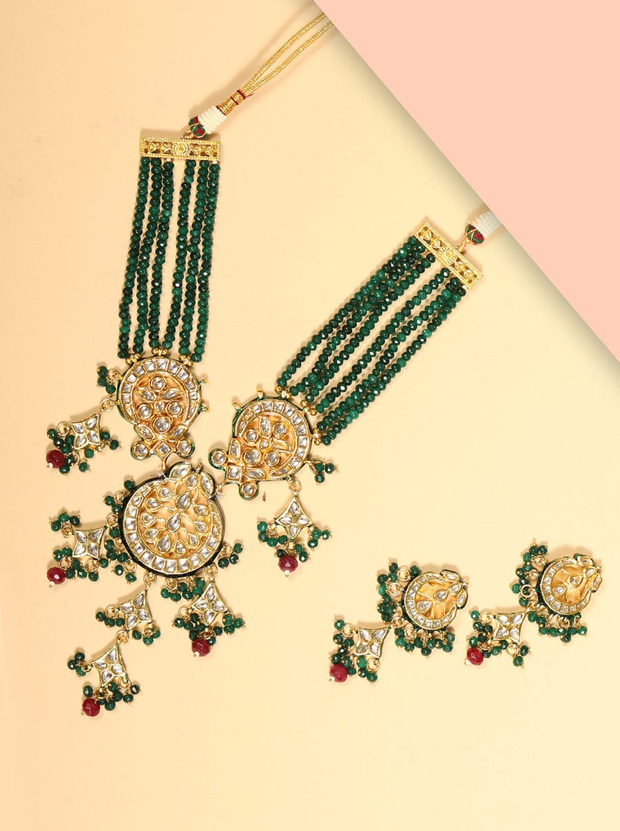 Green & Red Beads Kundan Gold Plated Jewellery Set
