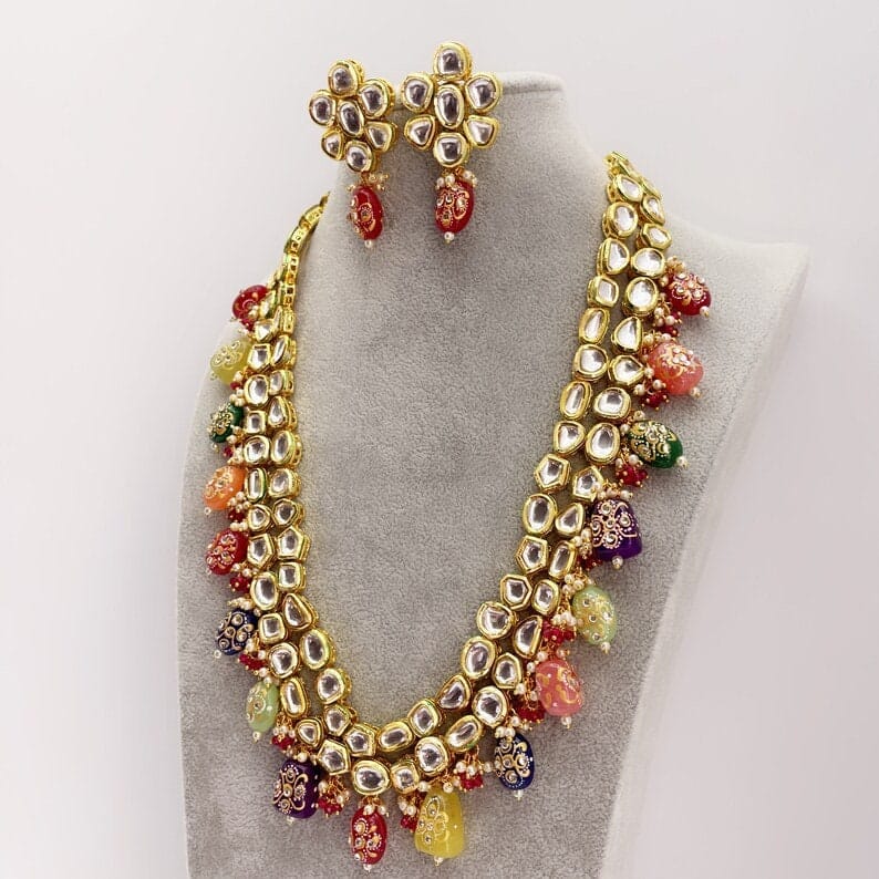 Navratan Meenakari Kundan Hand Painted Onyx Necklace - Image 3