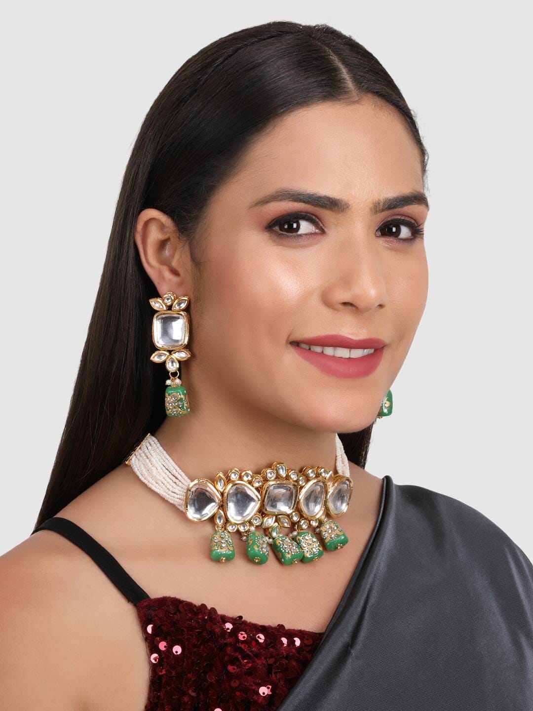 Gold Plated Green & White Kundan-Studded & Pearl Beaded Jewellery Set - Image 2