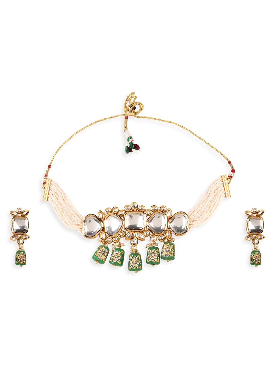 Gold Plated Green & White Kundan-Studded & Pearl Beaded Jewellery Set - Image 5