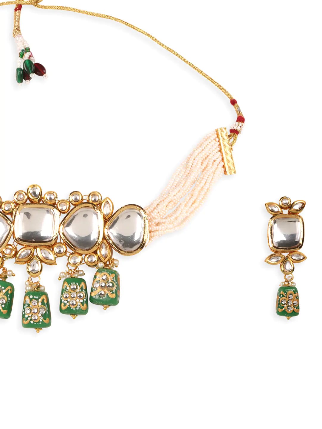 Gold Plated Green & White Kundan-Studded & Pearl Beaded Jewellery Set - Image 6