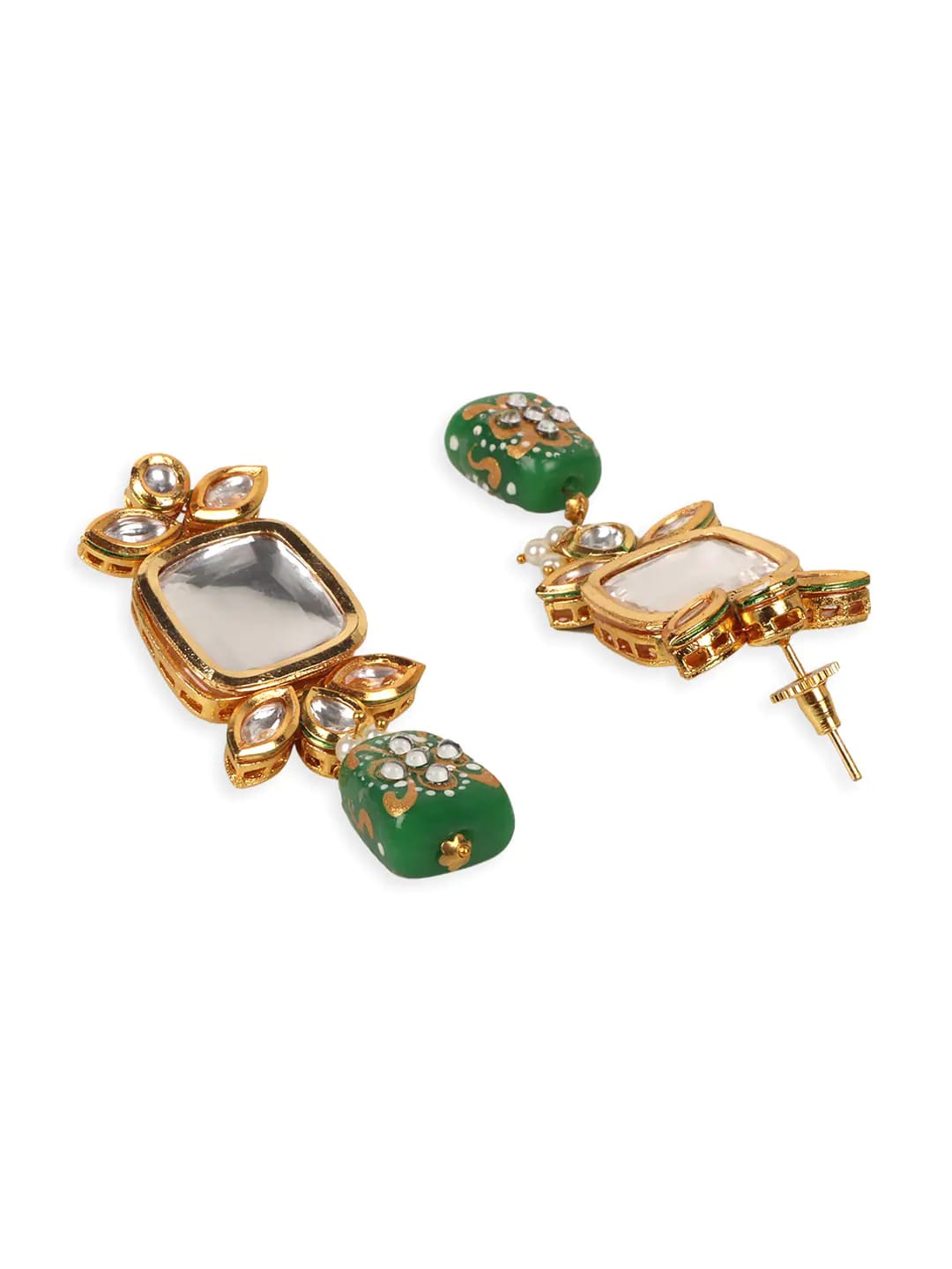Gold Plated Green & White Kundan-Studded & Pearl Beaded Jewellery Set - Image 7