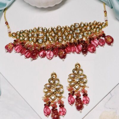 Gold Plated Kundan And Beads Embellished Choker Necklace Set