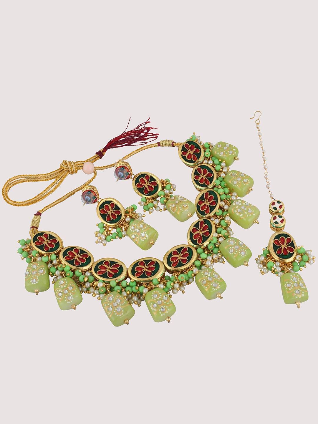 Gold Plated Kundan-Studded & Beaded Jewellery Set - Image 3