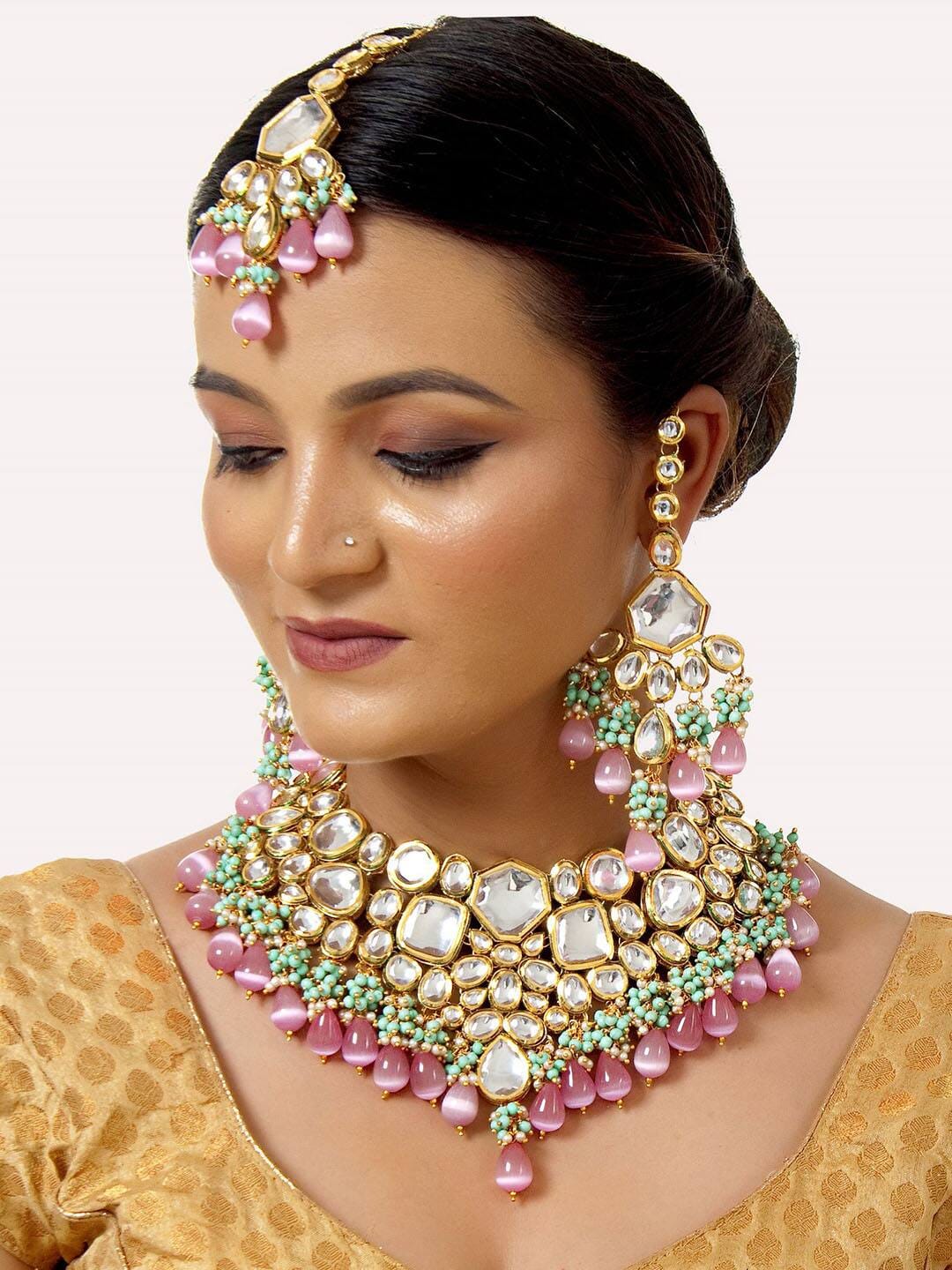 Gold-Plated Kundan-Studded & Pearls Beaded Necklace With Earrings & Maangtikka - Image 3