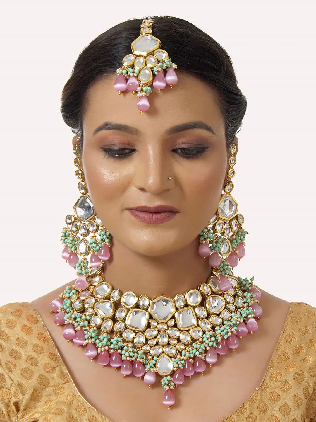 Gold-Plated Kundan-Studded & Pearls Beaded Necklace With Earrings & Maangtikka - Image 2