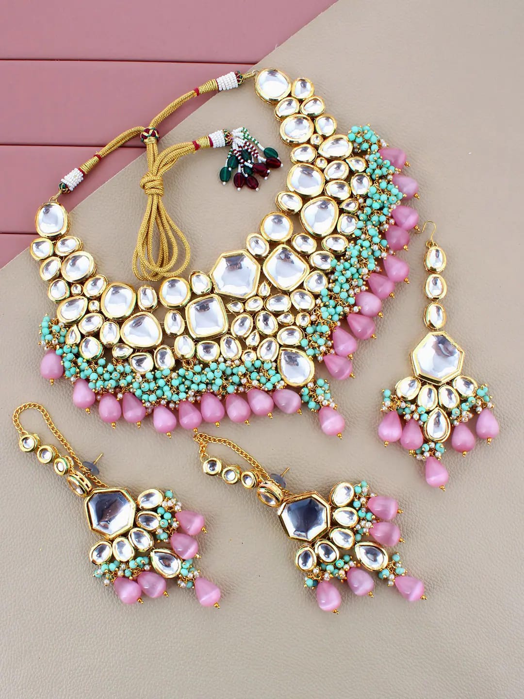 Gold-Plated Kundan-Studded & Pearls Beaded Necklace With Earrings & Maangtikka