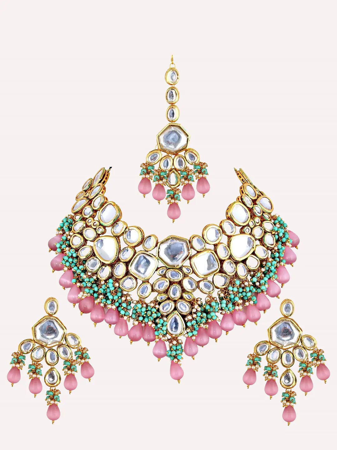 Gold-Plated Kundan-Studded & Pearls Beaded Necklace With Earrings & Maangtikka - Image 4