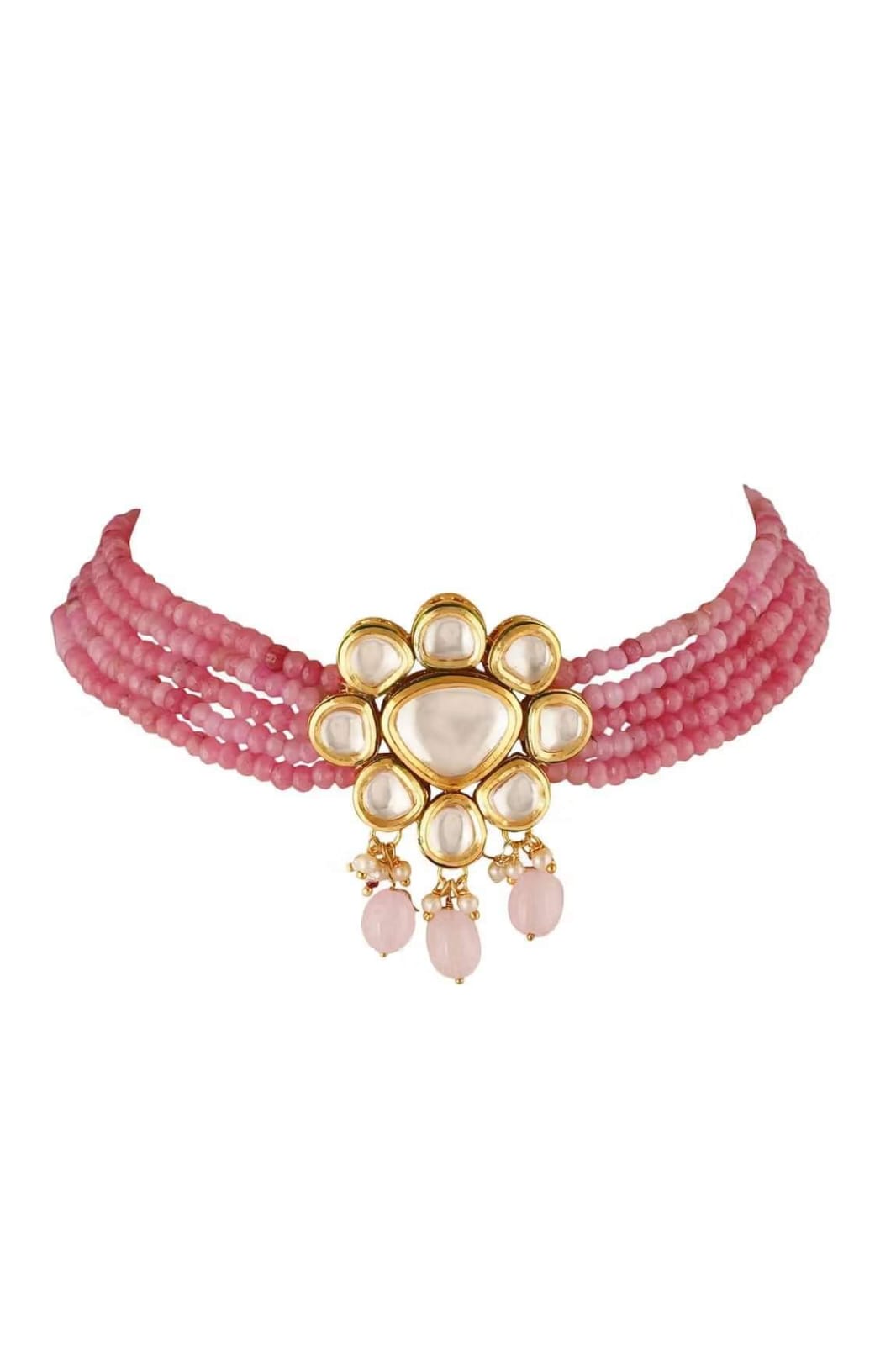 Gold Plated Kundan Bead Embellished Necklace With Earrings - Image 3