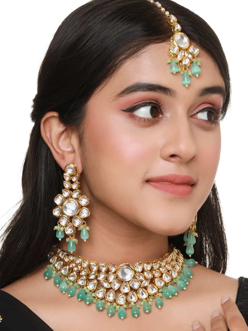 Gold Plated Bridal Kundan Necklace With Earrings & maangtika - Image 2