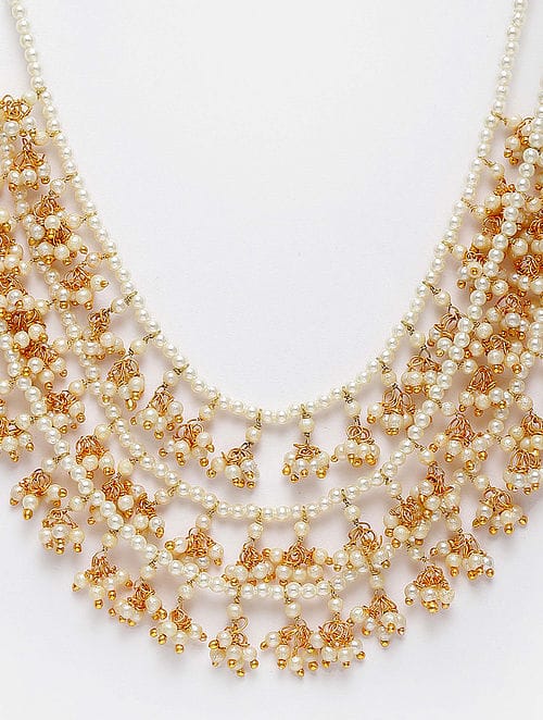 Gold Finish Long Necklace With Pearls - Image 2