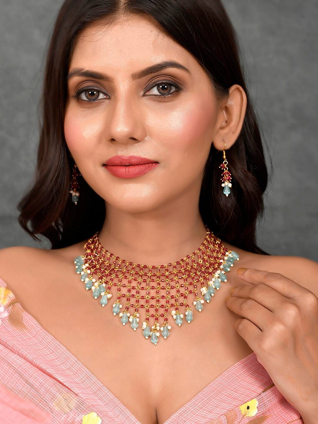 Gold-Plated Pink & Sea Green Kundan Studded & Beaded Jewellery Set - Image 2