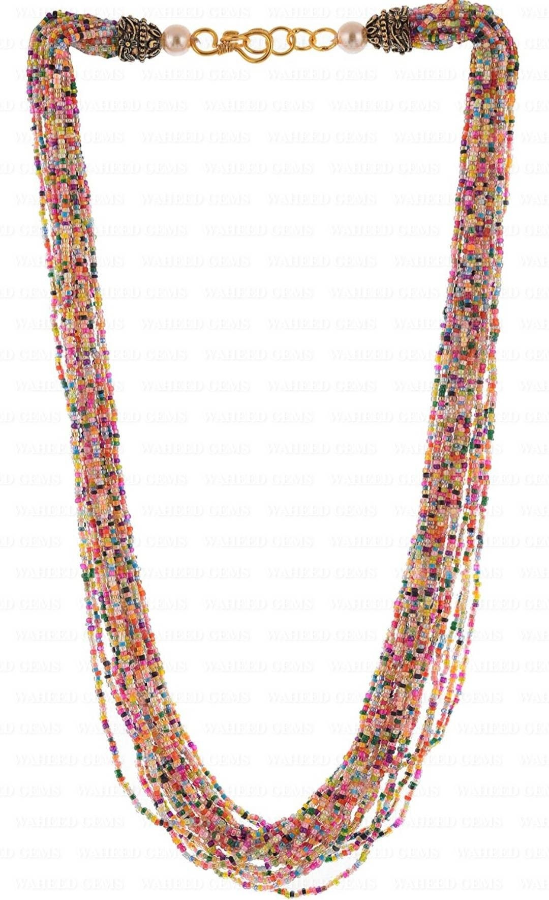 Multicolored Cream Beaded Necklace with Pearls Multicolored Gold Tone Necklace with Earrings Long Necklace, Indian jewelry, Beads Set - Image 4