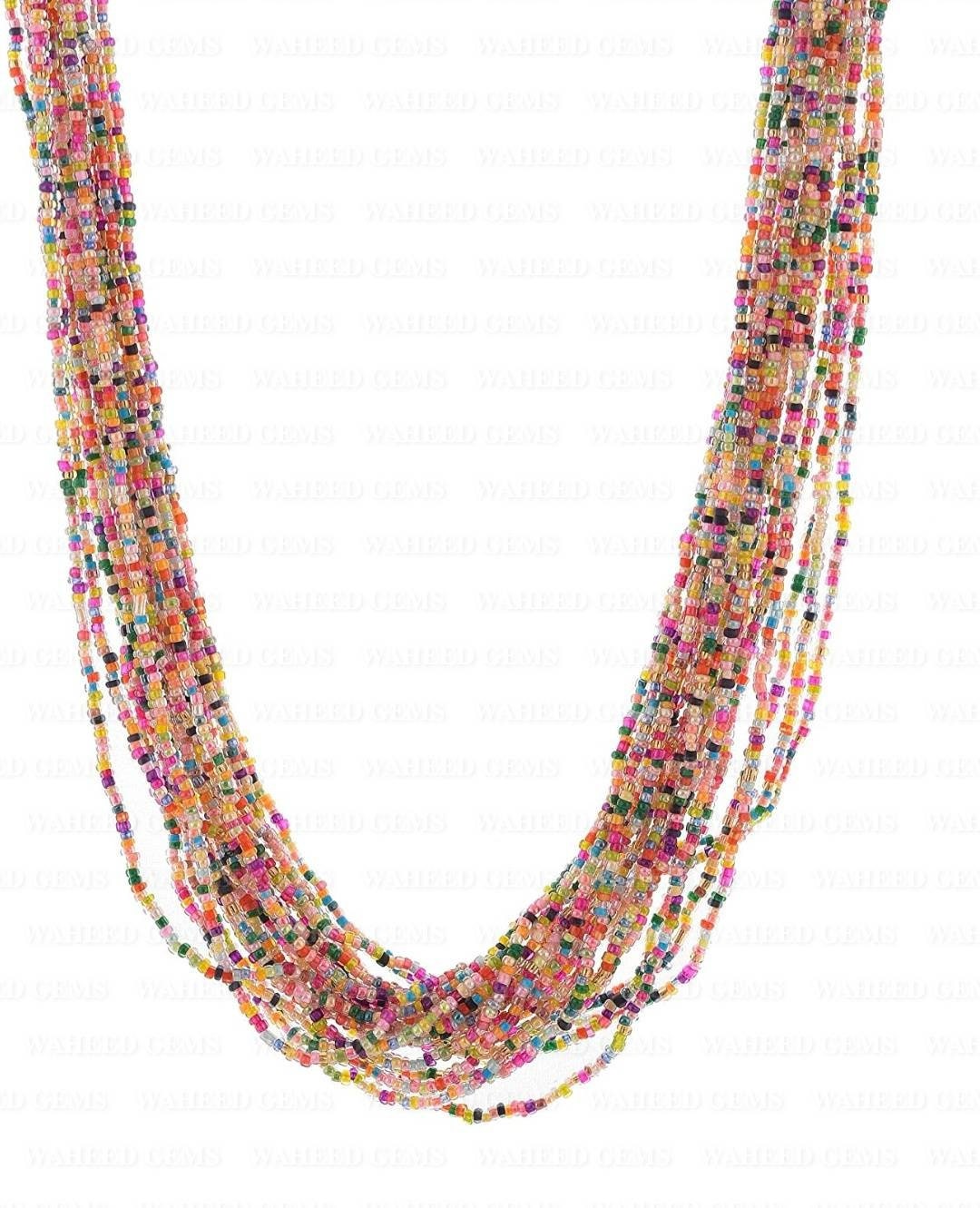 Multicolored Cream Beaded Necklace with Pearls Multicolored Gold Tone Necklace with Earrings Long Necklace, Indian jewelry, Beads Set - Image 2