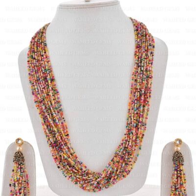 Multicolored Cream Beaded Necklace with Pearls Multicolored Gold Tone Necklace with Earrings Long Necklace, Indian jewelry, Beads Set