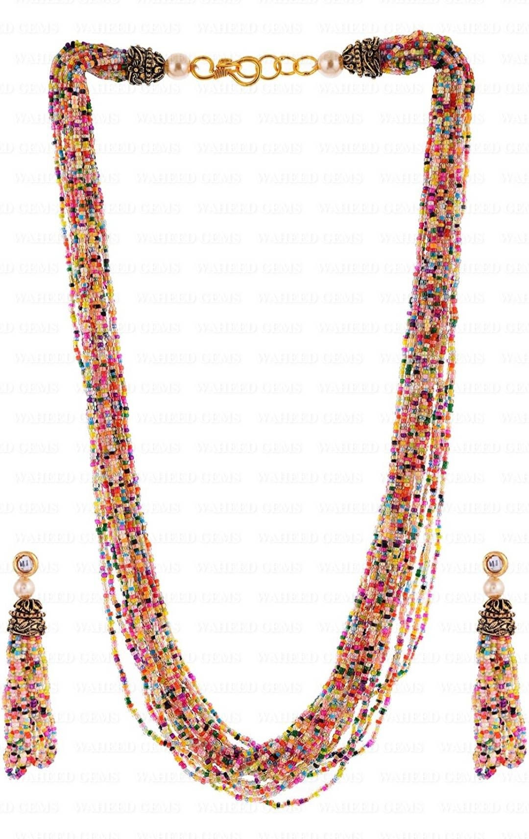Multicolored Cream Beaded Necklace with Pearls Multicolored Gold Tone Necklace with Earrings Long Necklace, Indian jewelry, Beads Set - Image 3