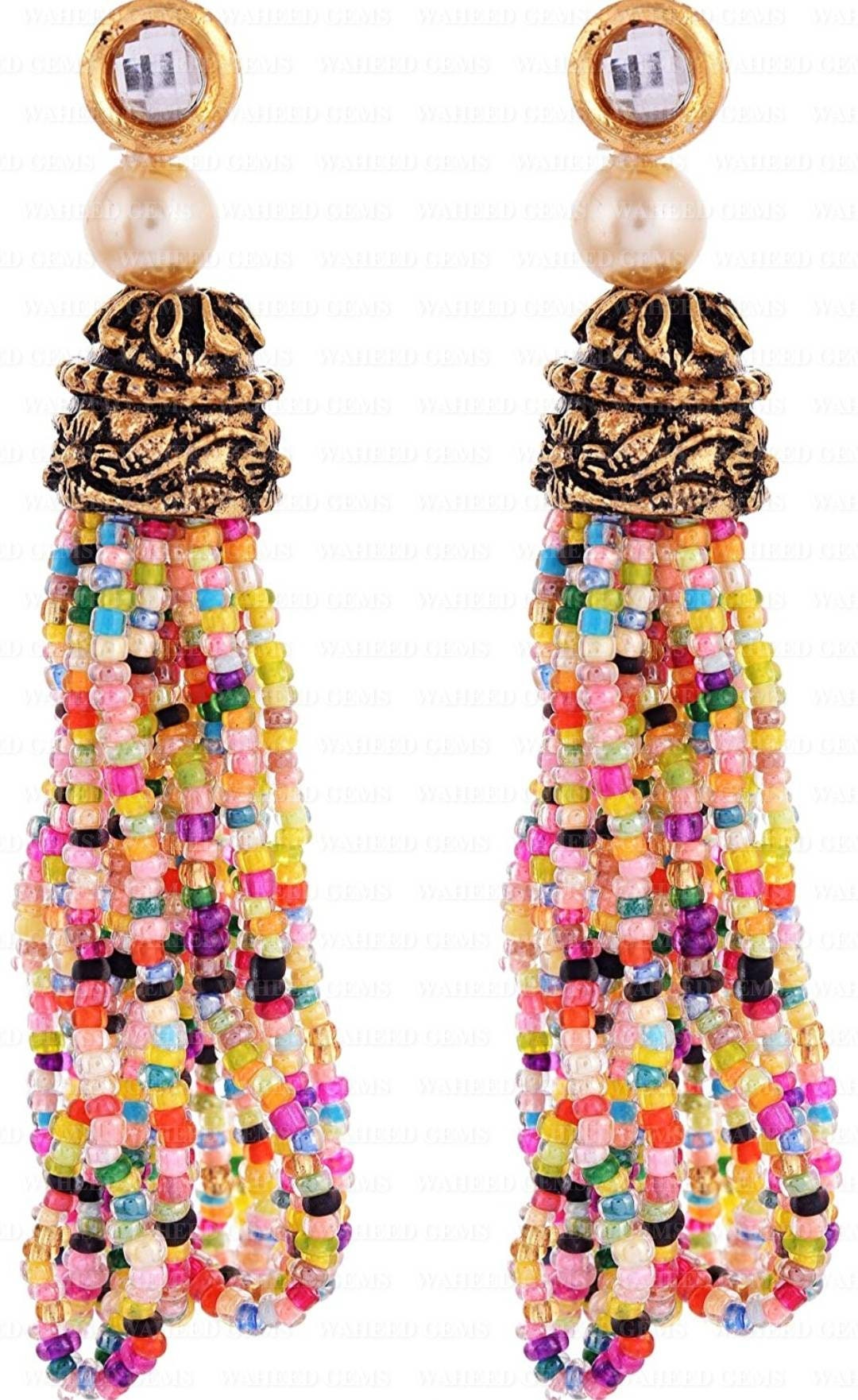 Multicolored Cream Beaded Necklace with Pearls Multicolored Gold Tone Necklace with Earrings Long Necklace, Indian jewelry, Beads Set - Image 5
