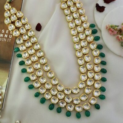 Long Kundan Polki Necklace Set with Earrings | Pakistani Indian Wedding Bridal Jewelry Semiprecious kundan Necklace for Women and Girl