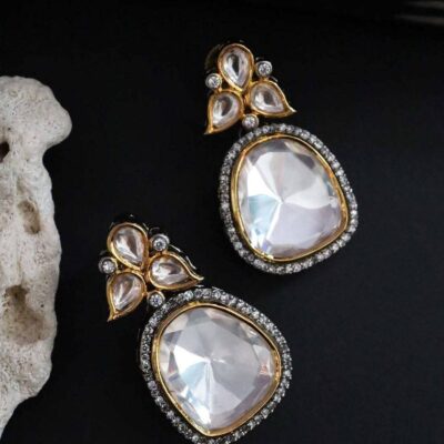 Polki Diamond Stud Earrings, Gold Plated Polki Studs Earrings, Pave Diamond Earrings Black Rhodium Earrings