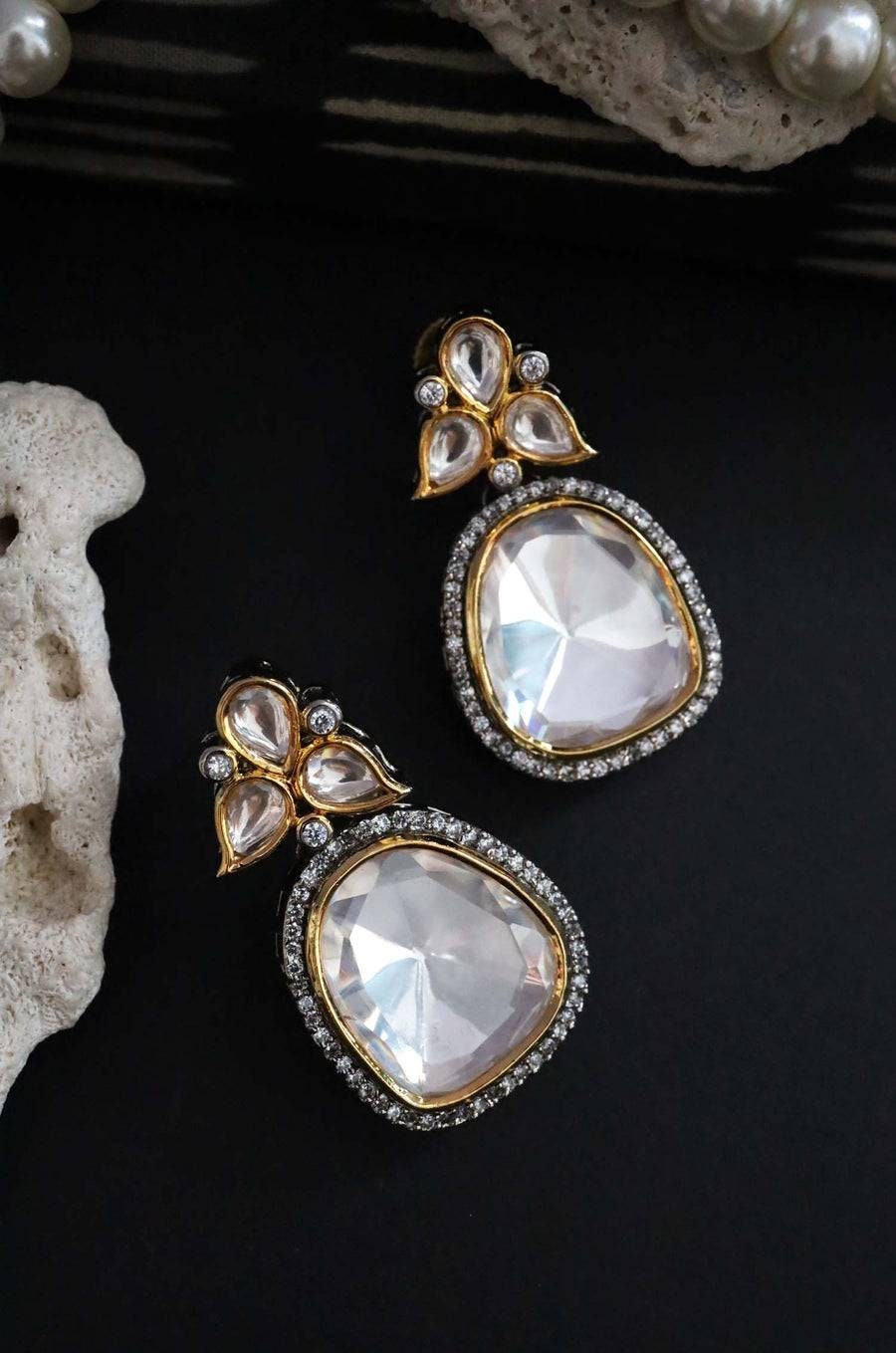 Polki Diamond Stud Earrings, Gold Plated Polki Studs Earrings, Pave Diamond Earrings Black Rhodium Earrings
