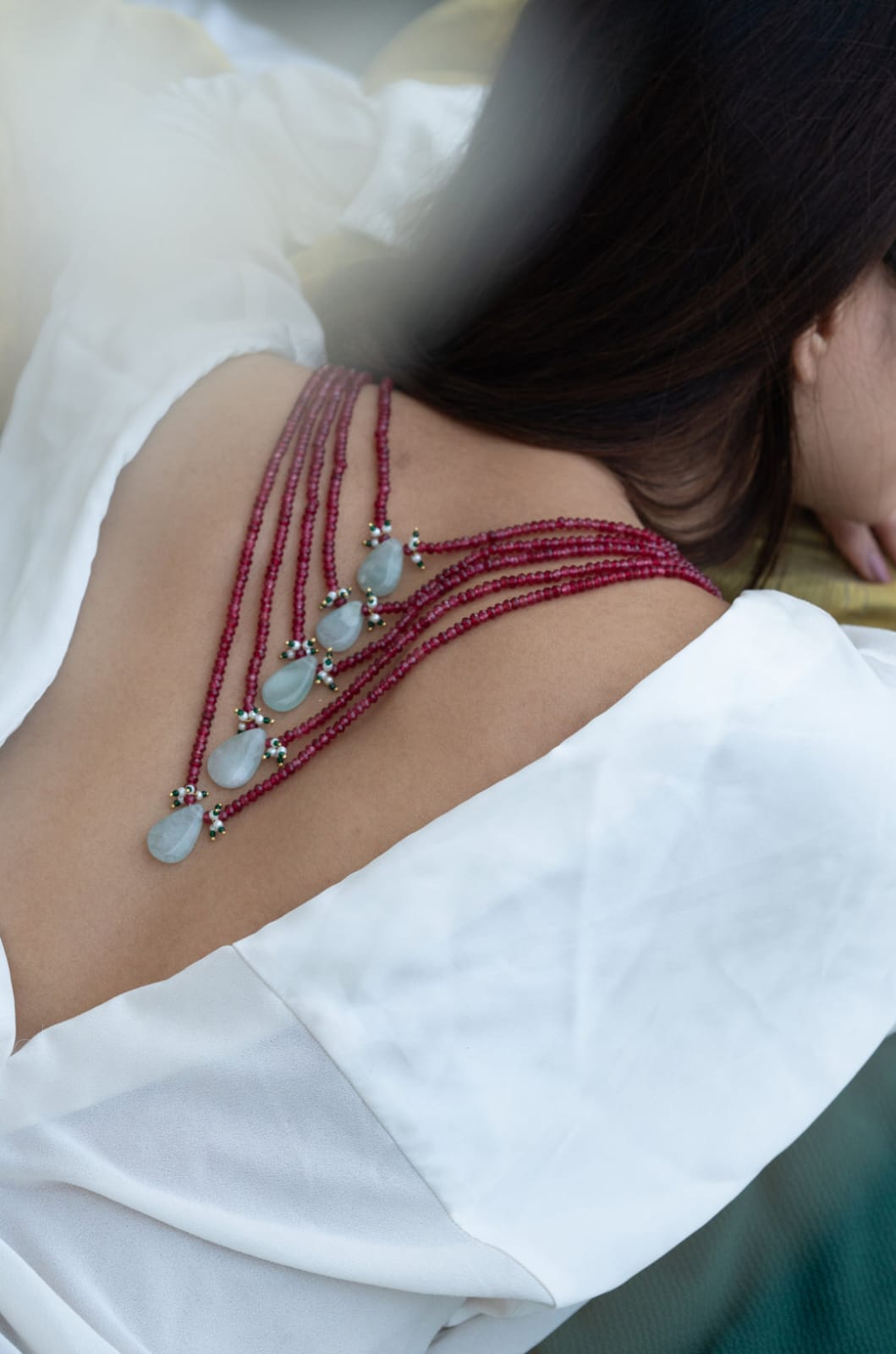 Gold Plated Red Onyx & Natural Stone Layered Necklace - Image 2