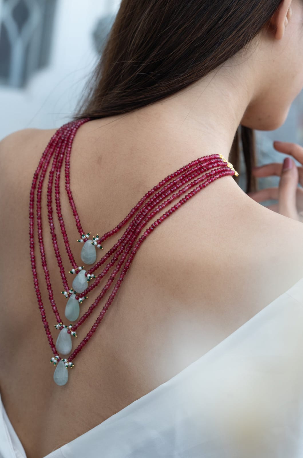 Gold Plated Red Onyx & Natural Stone Layered Necklace - Image 4