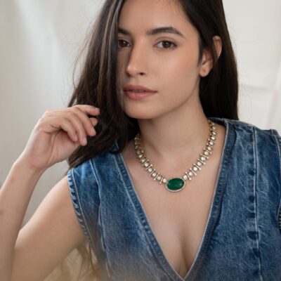 Green Polki Victorian Stone Studded Choker Set