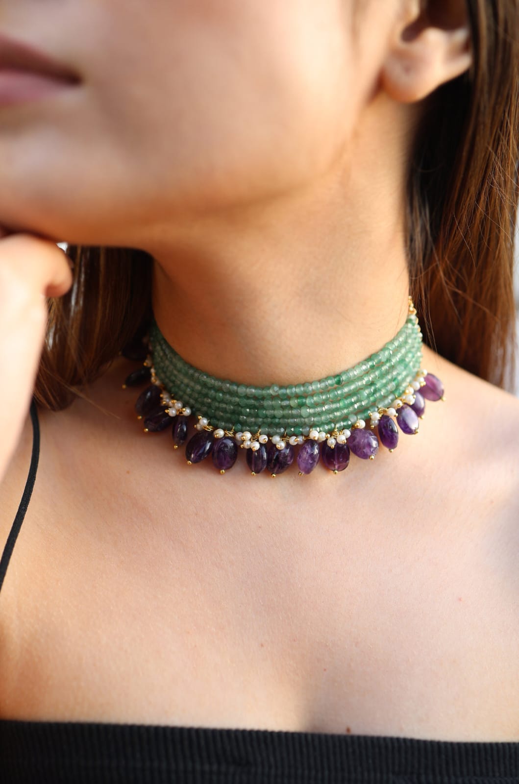 Green Onyx Beaded Choker Necklace - Image 3