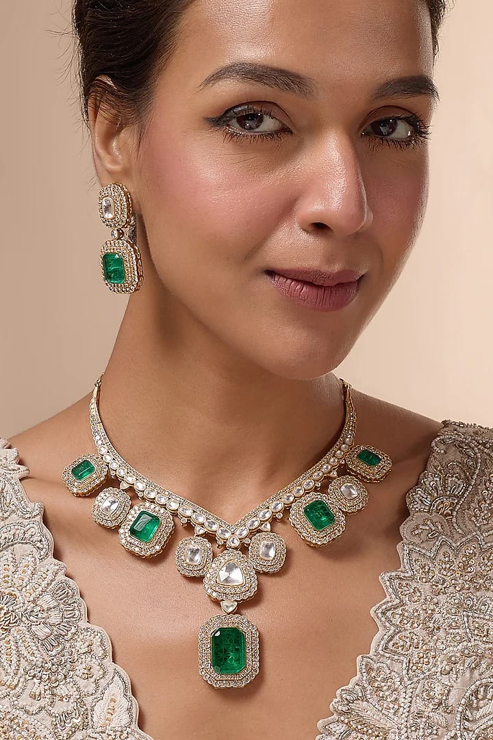 Gold Finish Green Faux Polki Necklace Set - Image 2